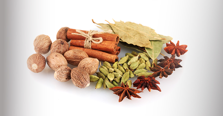 Ayurvedic herbs and spices for healthy life including turmeric, ashwagandha, brahmi and triphala
