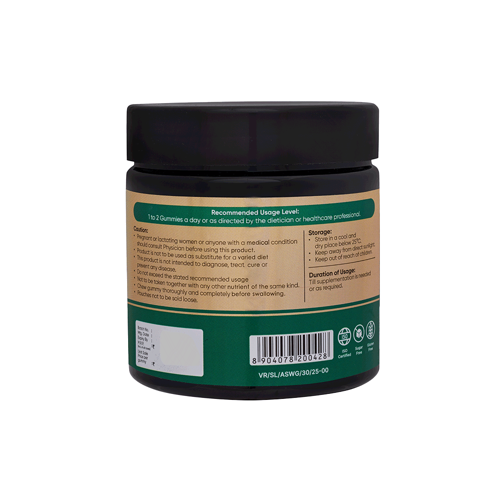 Vaidyaratnam Ashwagandha Gummies jar displaying recommended usage, caution, and storage details