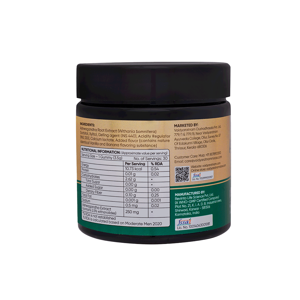 Vaidyaratnam Ashwagandha Gummies jar showing ingredients list and nutritional information