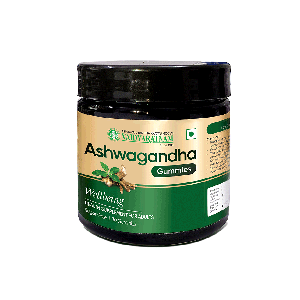 Vaidyaratnam Ashwagandha Gummies jar displaying recommended usage, caution, and storage details