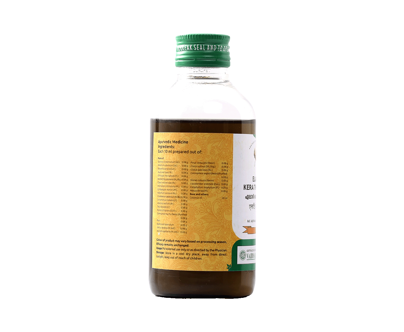 Vaidyaratnam Eladi Kera Thailam 200ml bottle – Ayurvedic remedy for skin allergies and nasal discharge.