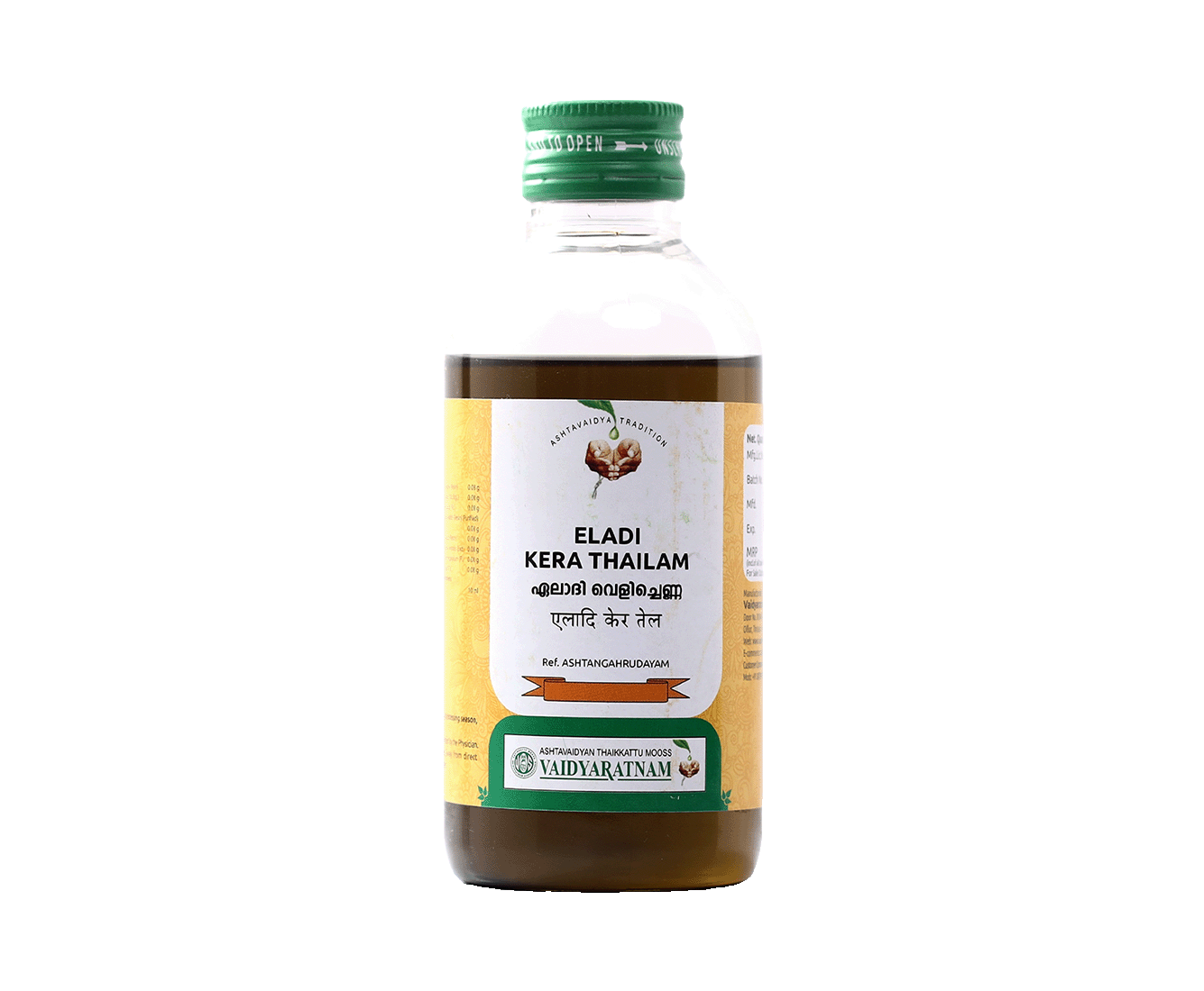Vaidyaratnam Eladi Kera Thailam 200ml bottle – Ayurvedic remedy for skin allergies and nasal discharge.