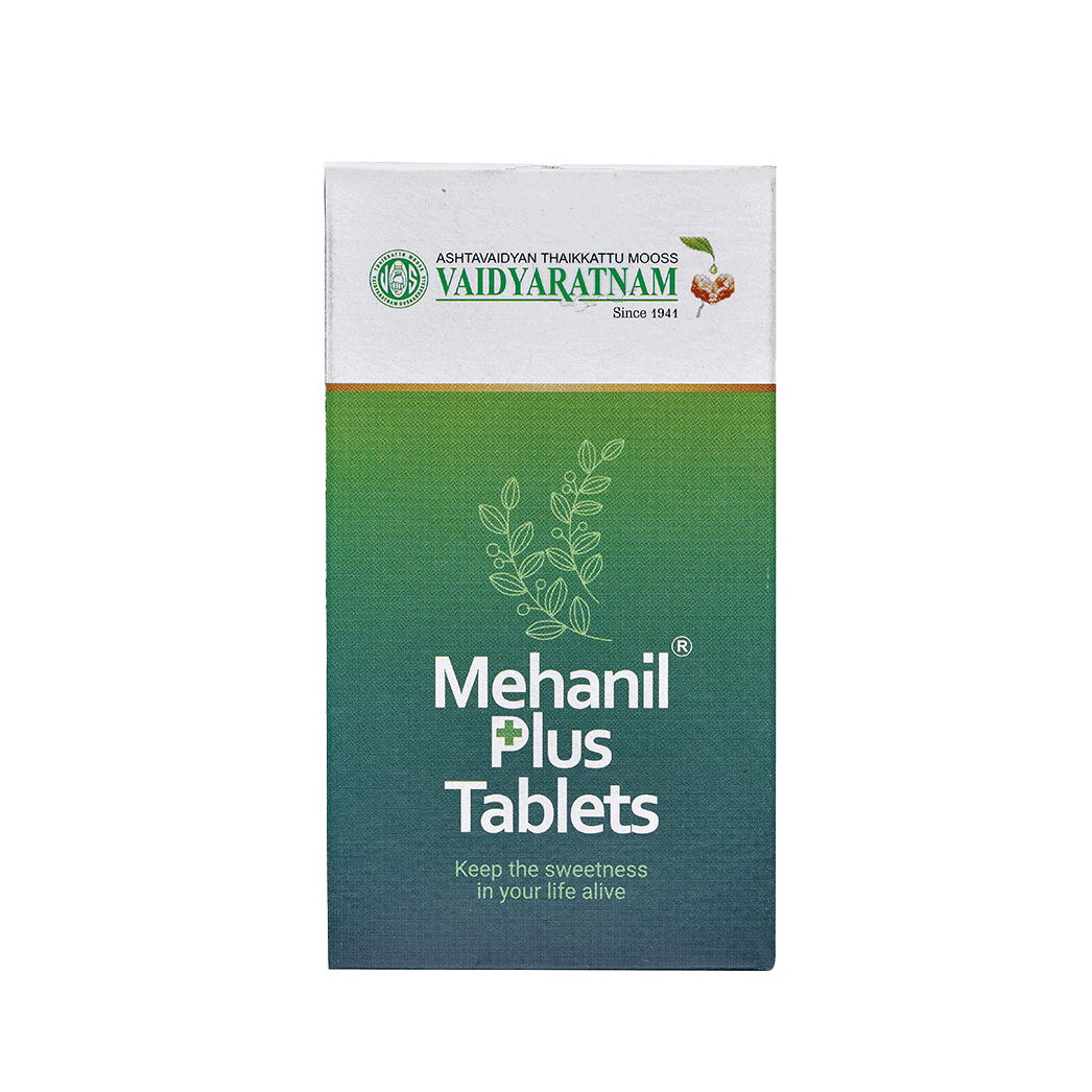 Vaidyaratnam Mehanil Plus Tablets - Ayurvedic medicine for managing type 2 diabetes.